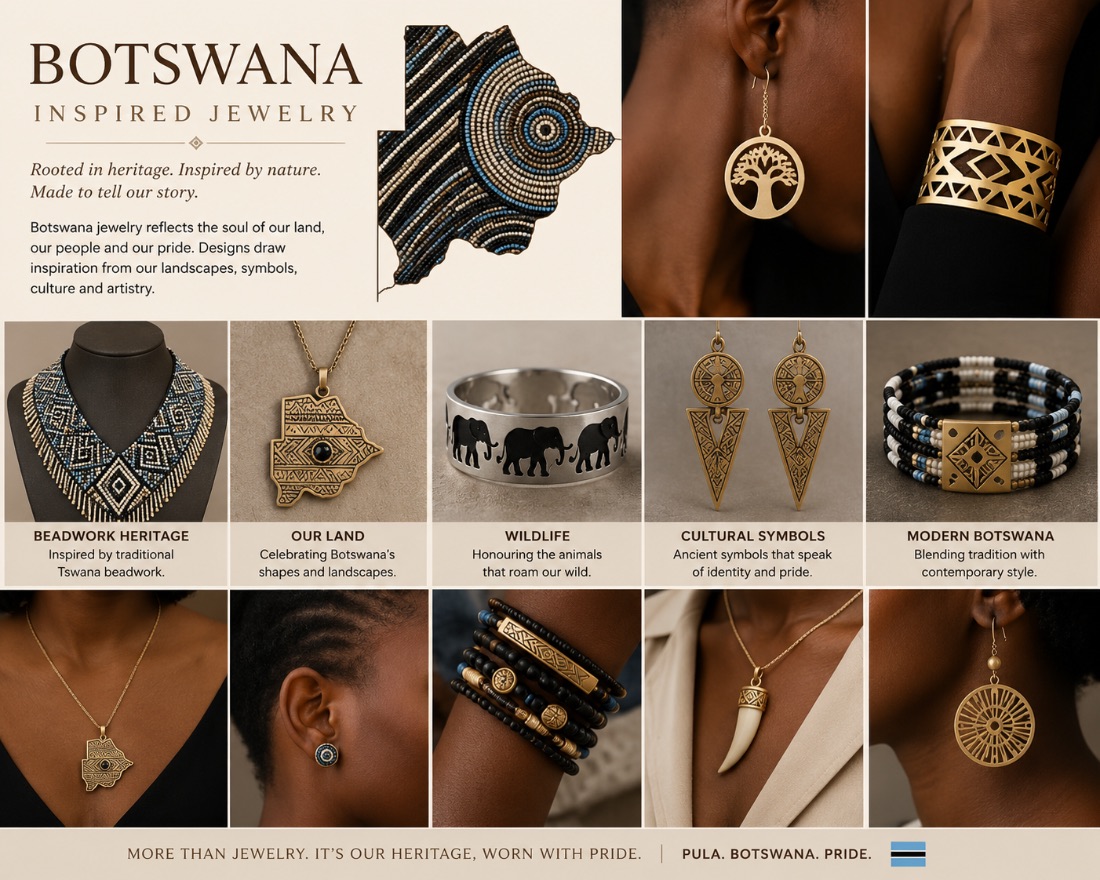 Botswana Inspired Jewellery — beadwork collars, Botswana-shaped pendants, elephant rings, cultural symbol earrings and beaded cuffs