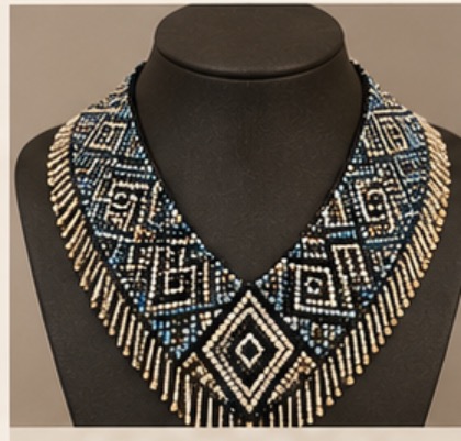 Traditional Tswana beadwork collar in blue, black, white and gold