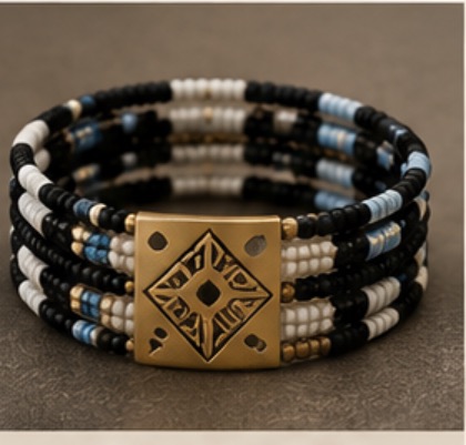 Multi-strand beaded cuff in black, white, blue and gold with an engraved brass centre plate