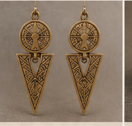 Brass drop earrings engraved with ancient cultural symbols
