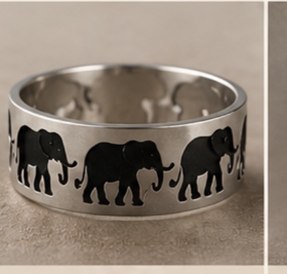 Silver band ring with a walking elephant herd silhouette